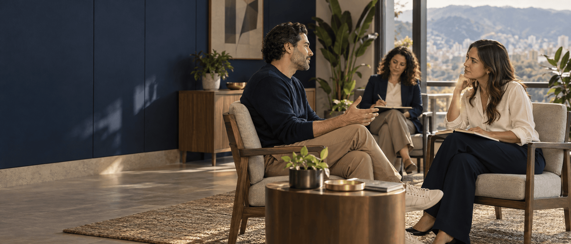 Dos personas conversan mientras una observadora toma notas