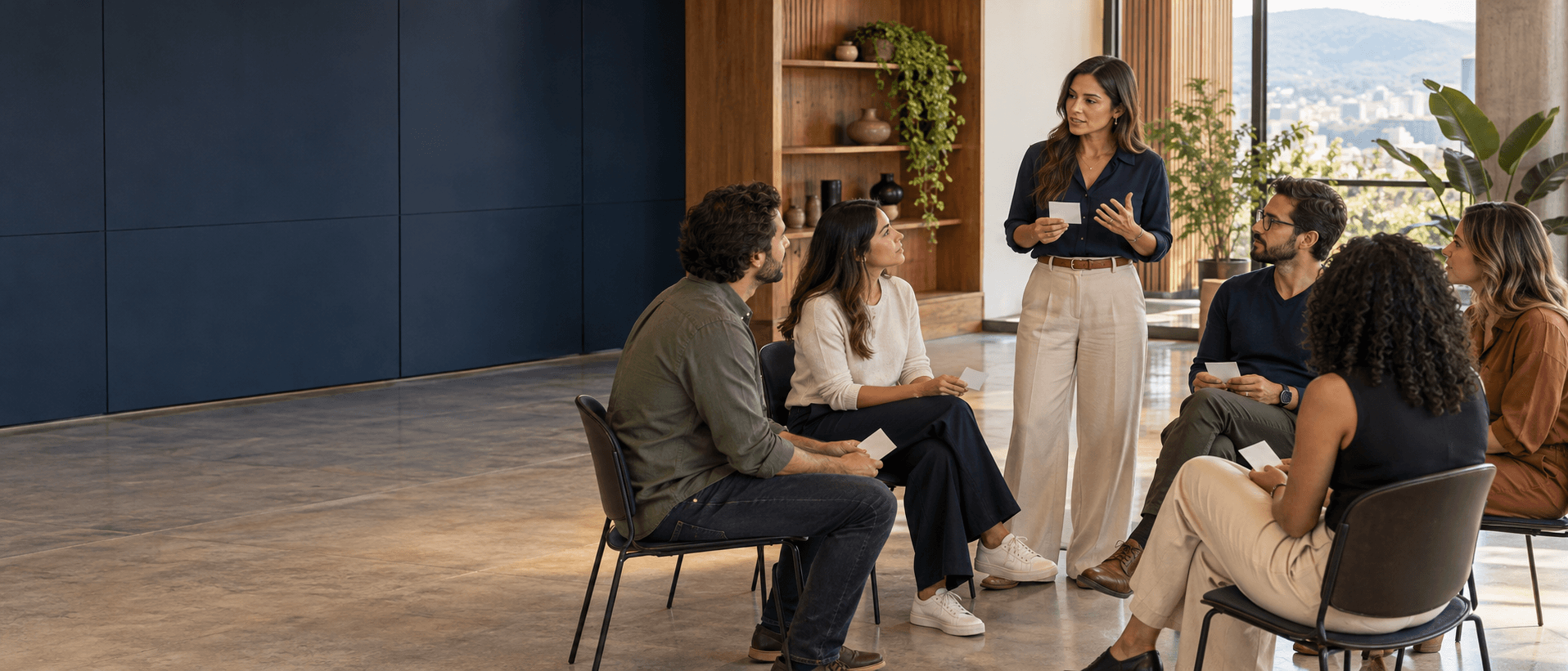 Facilitadora y participantes en un círculo de formación