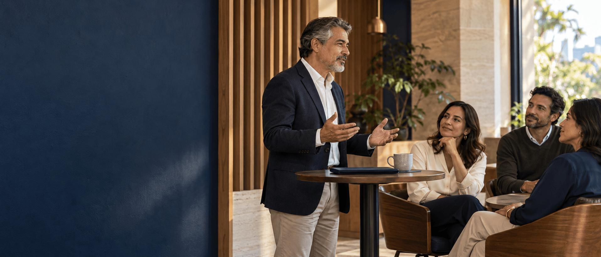 Coach comparte su experiencia frente a un grupo