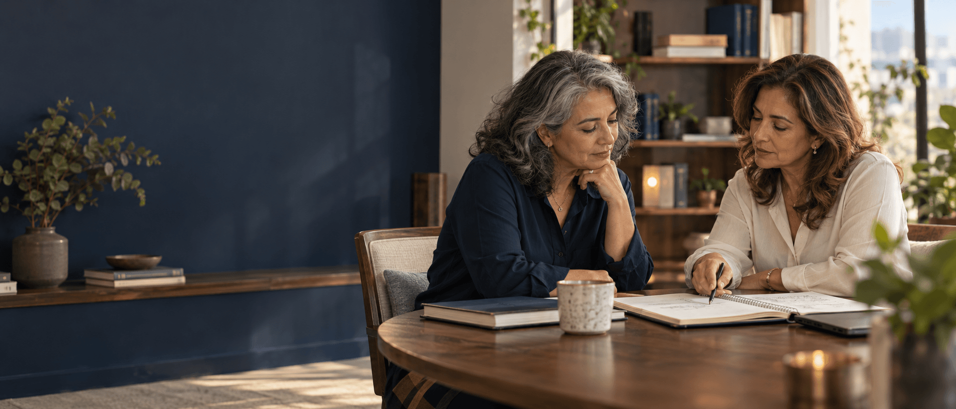 Dos mujeres revisan un cuaderno durante una conversación